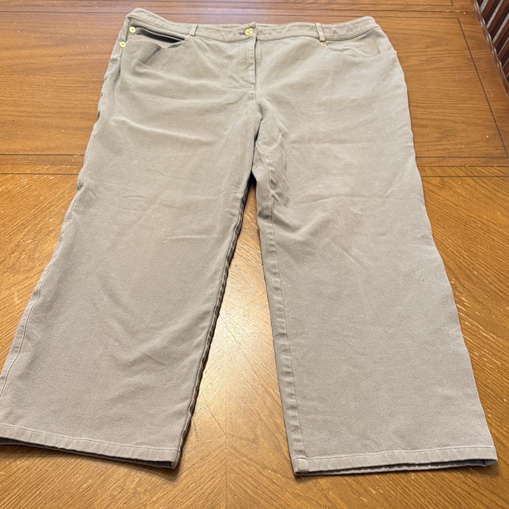 St. John Taupe Gray Wide Leg Ankle Stretch Twill Pants Trousers sz 16 26” inseam